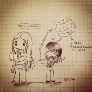 Quando la prof. spiega... le alunne disegnano! L'immagine, che ho scelto perché mette a fuoco con levità il tema della parola (semplice, colloquiale, rarefatta), è opera di un'alunna carissima, a cui vanno i miei ringraziamenti. Appassionata e fantasiosa disegnatrice, Elisa Coletti realizzò questo ritratto durante un'ora di Letteratura italiana (verosimilmente non proprio irresistibile...)